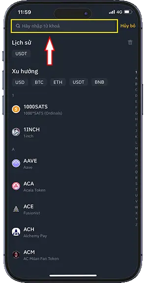Bước 2: Nhập vào ô tìm kiếm từ khoá USDT